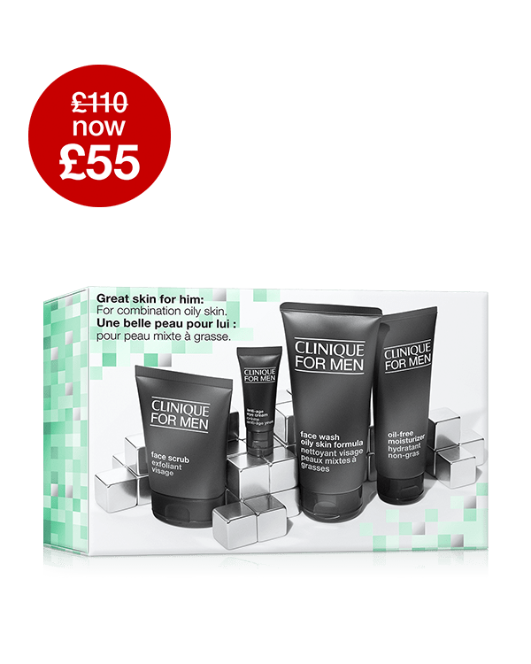 Clinique For Men™ Skincare Gift Set: Oily Skin Types, &lt;strong&gt;50% OFF! Was £110, Now £55. Four full-size&lt;/strong&gt; favourites in one men&#039;s skincare gift set to keep oilier skin looking fresh and hydrated with this full routine. Worth £115.