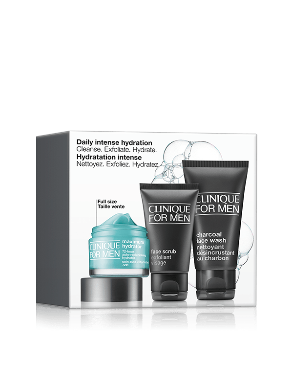 Clinique For Men Daily Intense Hydration Skincare Set, This 3-piece men&#039;s skincare gift set features simple skincare favourites for the guy with drier skin. Includes a full-size moisturiser. Worth over £55.