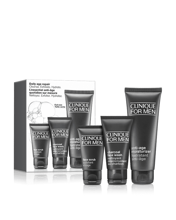 Clinique For Men Daily Age Repair Skincare Set, This 3-piece men&#039;s skincare gift set has everything he needs for fresh, younger-looking skin. Includes a full-size moisturiser. Worth over £55.