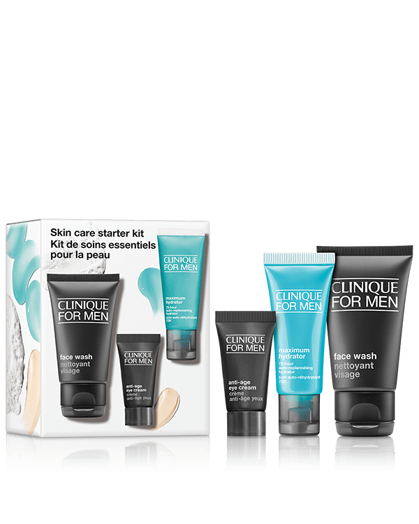 Clinique For Men™ Skincare Starter Kit, A travel-friendly trio of daily skincare products for men with extra dry skin.
