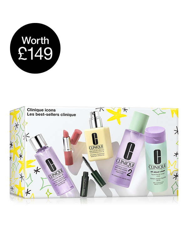 Clinique Icons 6-Piece Beauty Set, This 6-piece gift set features a collection of skincare and makeup fan favourites for a fresh-faced look. &lt;b&gt;Worth over £149, buy for £60 and save £89!&lt;/b&gt;