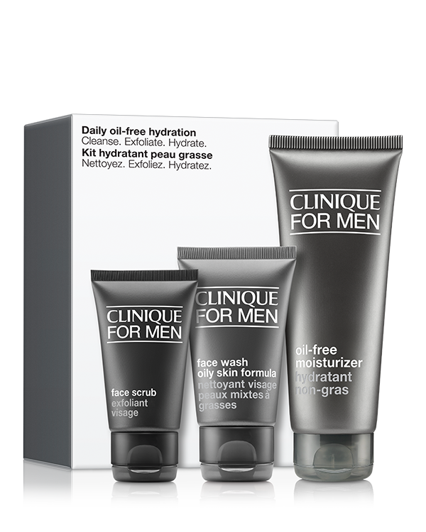 Clinique For Men Skincare Essentials Gift Set For Oily Skin Types, Cleanse. Exfoliate. Hydrate. This 3-piece men&#039;s gift set trio for oily skin types features all he needs to keep skin cleansed, exfoliated and hydrated, including a full-size Clinique For Men™ Oil-Free Moisturizer. Worth over £45.