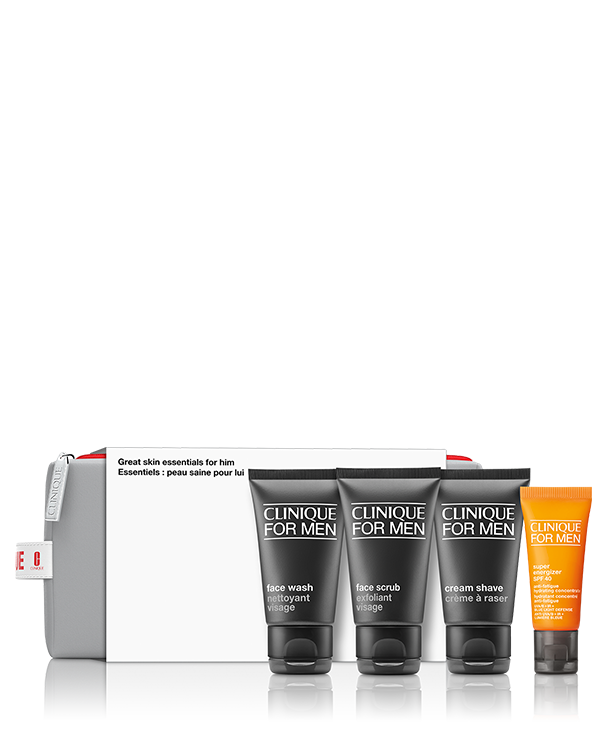 Clinique for Men Energising Skincare Gift Set, This 5-piece men&#039;s grooming gift set features simple skincare favourites to keep him looking and feeling his best. In sizes perfect for travel.