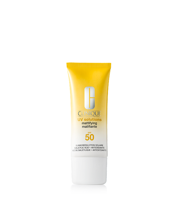 UV Solutions Mattifying Sunscreen SPF 50, Lightweight daily mattifying sunscreen powered by skincare to help control excess shine all day, unclog pores, and help refine skin’s texture. Protects from UVA rays and delivers all-day antioxidants to help fight skin-damaging free radicals. Safe for blemish-prone skin.