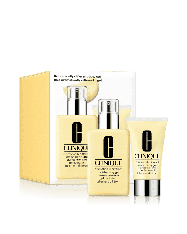 Dramatically Different Duo: Gel Set, A skincare duo of Clinique&#039;s dermatologist-developed Dramatically Different Moisturizing Gel Oil-Free in two sizes: one for home and one for travel.