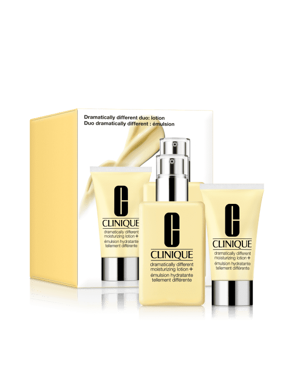 Dramatically Different Duo: Lotion Set, A skincare duo featuring Clinique’s dermatologist-developed Dramatically Different Moisturizing Lotion+™ in two sizes: one for home and one for travel.