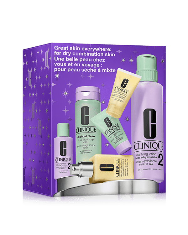 Great Skin Everywhere Set: For Dry Combination Skin, Clinique’s signature 3-Step Skin Care System for healthy-looking skin—one set for home, one for travel. Customized for drier skin types. Worth £132.