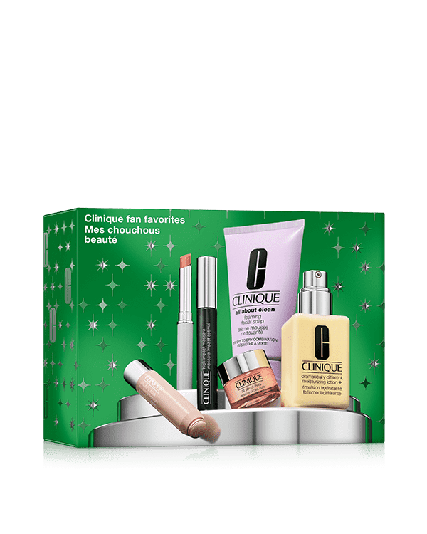 Clinique Fan Favourites: Skincare &amp; Makeup Set, A collection of Clinique’s most-loved makeup and skincare, including six full-size favorites. For a limited time only £65 with any Clinique purchase of £40 or more.