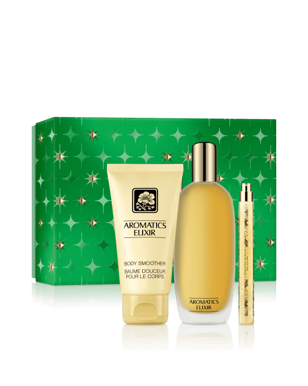 Aromatic Elixir Riches: Perfume Set, A bold fragrance trio for head-to-toe intrigue. Featuring a full-size perfume, an on-the-go mini, and body smoother lotion. Worth £133.