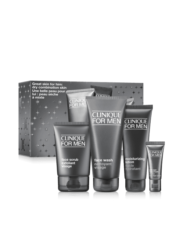 Great for Him: Clinique For Men Set For Dry Combination Skin, A collection of skincare essentials for drier skin types. Four full-size favorites to keep dry skin feeling smooth, comfortable, and hydrated.