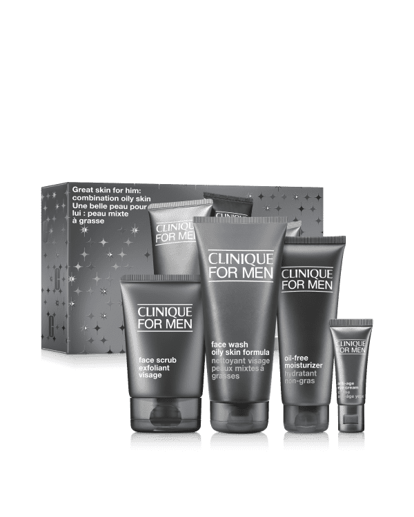 Great for Him: Clinique For Men Set For Combination Oily Skin, A collection of skincare essentials for oilier skin types. Four full-size favorites to keep oily skin feeling smooth, comfortable, and hydrated.