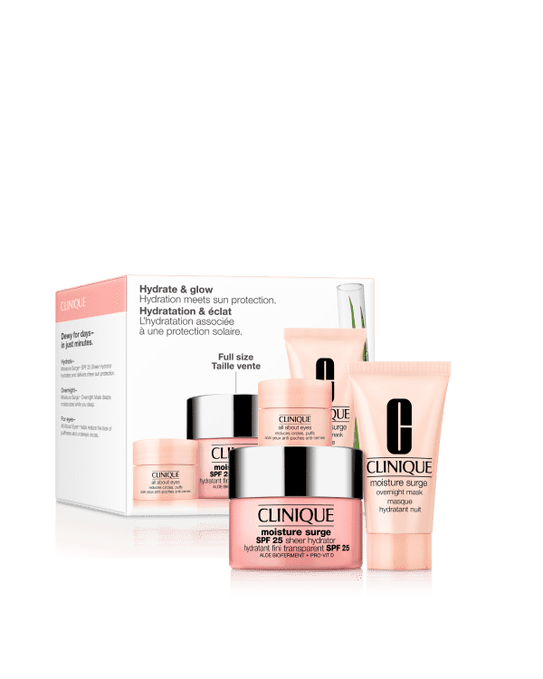 Hydrate + Glow: Moisture Surge Set For Hydration Meets Sun Protection, 3 skincare favorites for hydration, including an SPF moisturizer.