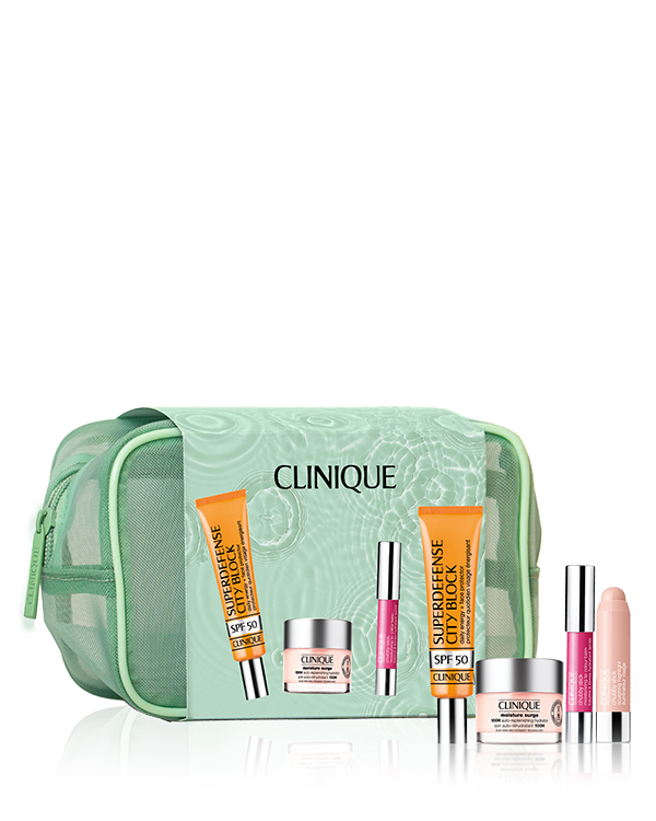 Protect, Hydrate &amp; Glow: Beauty Gift Set, Your ultimate summer glow in a bag. Clinique’s Protect, Hydrate &amp; Glow 5-piece skincare and makeup gift set features 4 full-size summer beauty essentials in an exclusive makeup bag, yours for only £55 – worth £92!