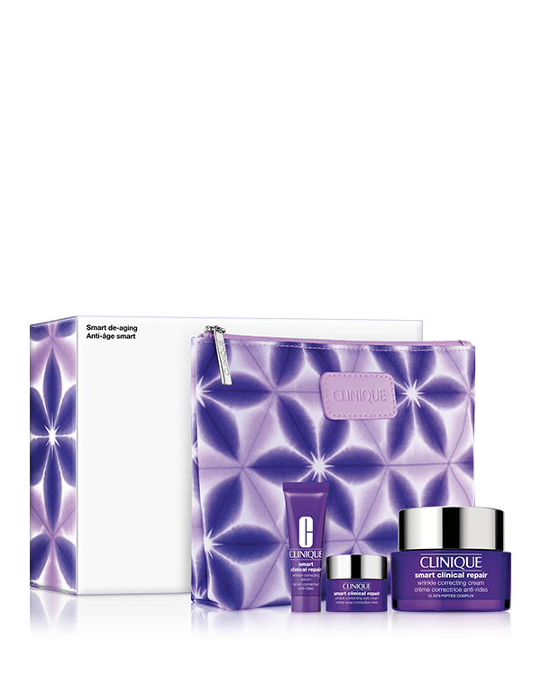 Smart Anti-Ageing Moisturiser Skincare Gift Set, A trio of innovative anti-ageing skincare essentials in a stylish wash bag, featuring a full-size Clinique Smart Clinical Repair™ Wrinkle Correcting Cream moisturiser. Worth over £101.