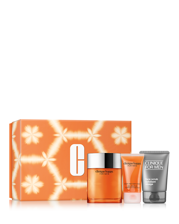 Happy for Him Eau de Parfum Gift Set, A fresh men&#039;s fragrance and grooming 3-piece gift set, including a full-size Happy™ For Men Cologne Spray and Clinique For Men™ Face Scrub, plus a travel-size body and hair wash in the matching scent. Worth £95.