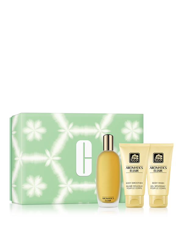 Aromatics Elixir Riches Fragrance Gift Set, An exclusive fragrance trio, featuring a full-size Aromatics Elixir™ Perfume Spray 100ml, for head-to-toe intrigue. Worth over £113.