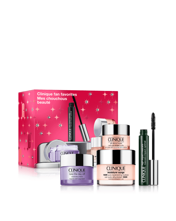 Clinique Fan Favorites: Skincare &amp; Makeup Set, A collection of Clinique skincare and makeup fan-favorites, including three full-size products and a mini makeup remover.