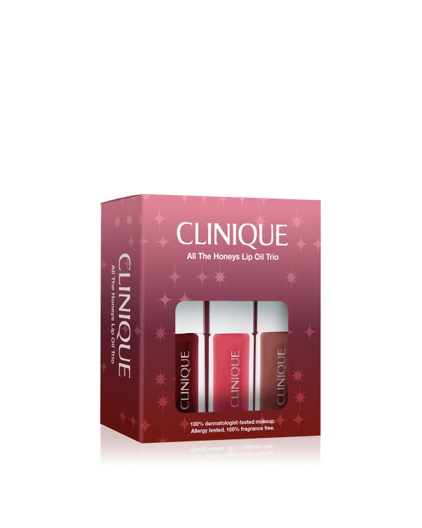 All The Honeys Lip Oil Trio, Enjoy Clinique&#039;s iconic lip and cheek oil trio in 3 surprisingly flexible shades: Black Honey, Pink Honey and Nude Honey. Worth £72.