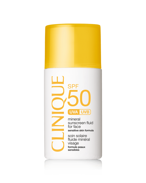 SPF50 Mineral Sunscreen Fluid For Face, Ultra-lightweight, oil free, 100% mineral sunscreen suitable for sensitive skins, to protect against UVA/UVB rays.