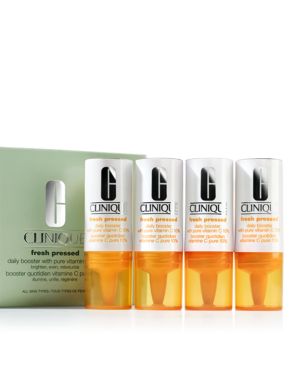 Clinique Fresh Pressed™ Daily Booster with Pure Vitamin C 10%, Unique Booster harnesses the full power of pure, fresh vitamin C at our highest concentration to brighten, even and retexturize skin&#039;s appearance and help reduce the signs of ageing. Includes 4 x 8.5ml vials.